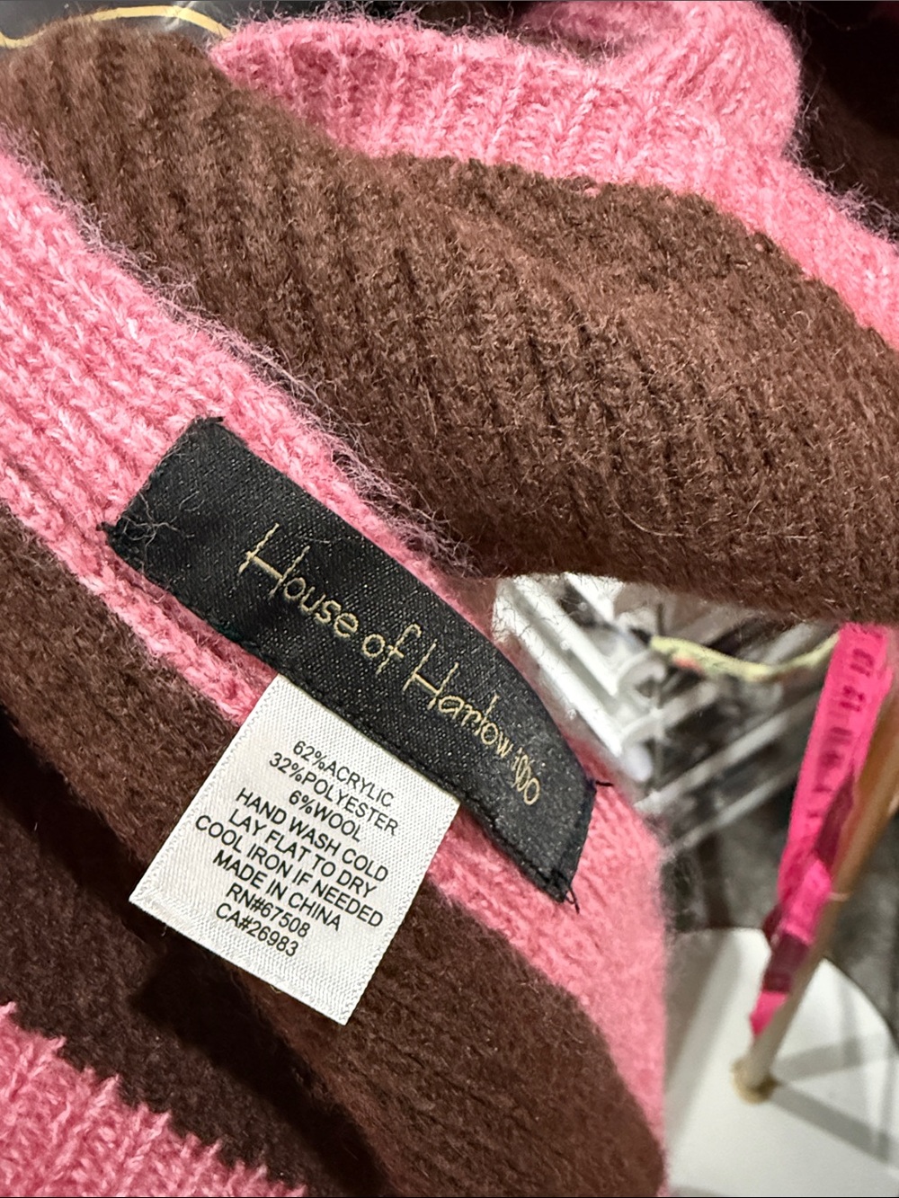 House of Harlow 1960 New Tags Brown Triangle Scarf Pink Trim Wool Blend Fall - Picture 5 of 5